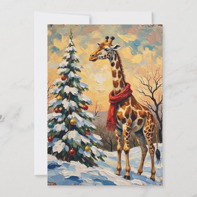 Vintage Christmas Giraffe in Snowy Savanna Holiday Card (Front)