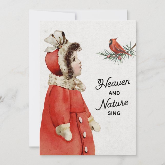 Vintage Christmas Girl and Cardinal  Holiday Card (Front)