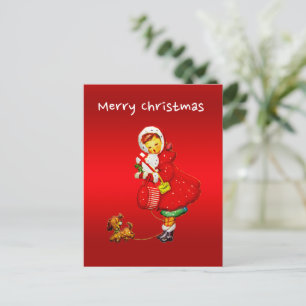Vintage Christmas girl and dog /Red Holiday Postcard