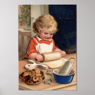 Vintage Christmas - Girl Baking Cookies Poster