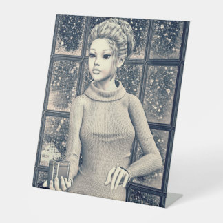 Vintage Christmas Girl - Beautiful Holiday Present Pedestal Sign