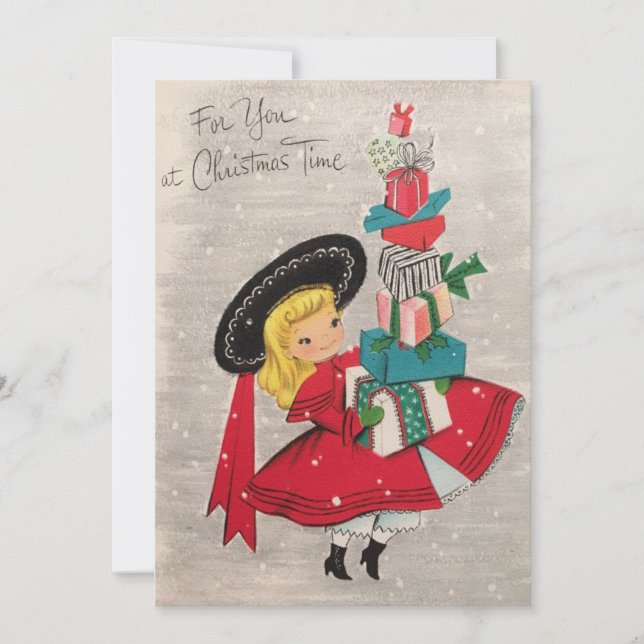 Vintage Christmas Girl Brings Gifts Holiday Card (Front)