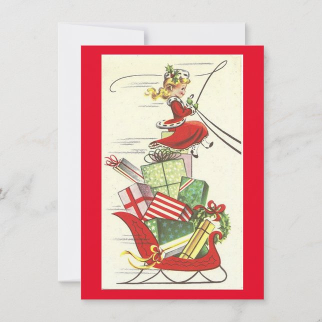 Vintage Christmas Girl Brings Presents Holiday Card (Front)