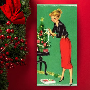 Vintage Christmas Girl Decorating Tree Custom Holiday Card