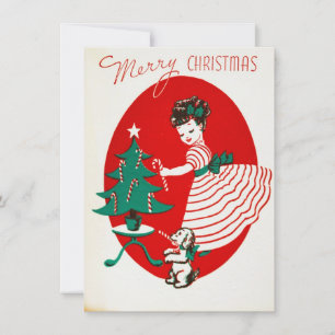 Vintage Christmas Girl & Dog With Candy Cane   Holiday Card