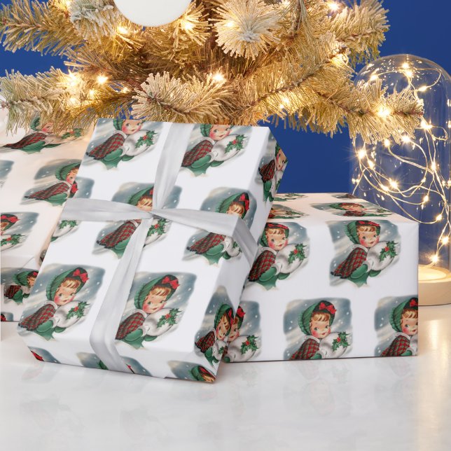 Vintage Christmas Girl Holding Holly Wrapping Paper (Holidays)