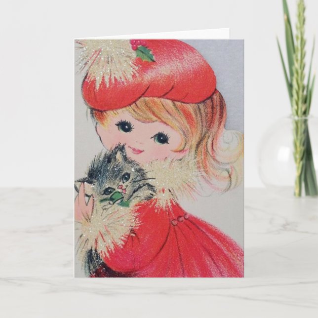 Vintage Christmas Girl Holding Kitty Holiday Card (Front)