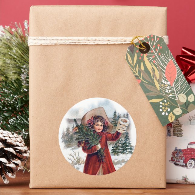 vintage Christmas girl Holiday  Classic Round Sticker (Holiday)