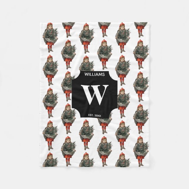 Vintage Christmas Girl & Holly Berries Monogrammed Fleece Blanket (Front)