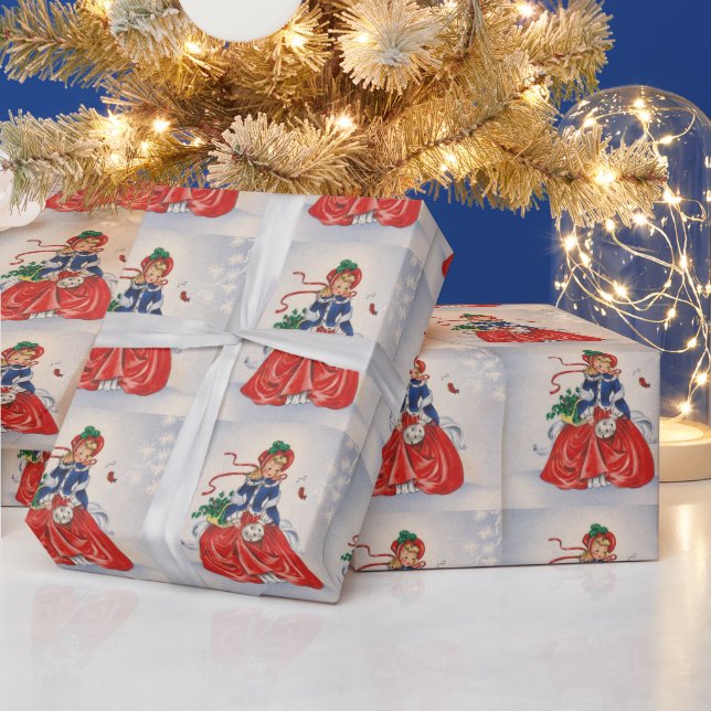 Vintage Christmas Girl In Dress Wrapping Paper (Holidays)