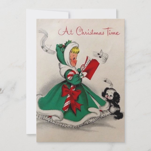 Vintage Christmas Girl Singing Holiday Card (Front)