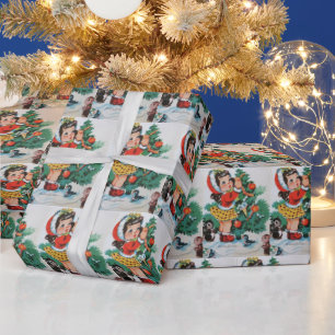 Vintage Christmas girl tiled party wrap Wrapping Paper