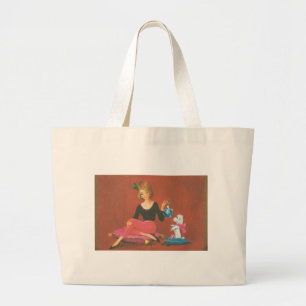 Vintage Christmas Girl With French Poodle Large Tote Bag