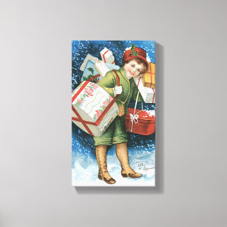 Vintage Christmas, Girl with Gifts in Winter Snow Canvas Print