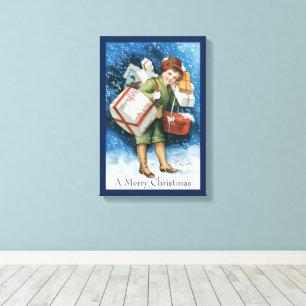 Vintage Christmas, Girl with Gifts in Winter Snow Canvas Print