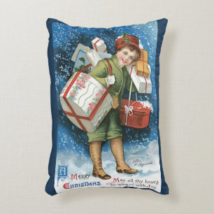 Vintage Christmas, Girl with Gifts in Winter Snow Decorative Cushion