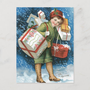 Vintage Christmas, Girl with Gifts in Winter Snow Holiday Postcard