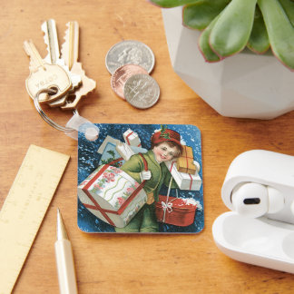 Vintage Christmas, Girl with Gifts in Winter Snow Key Ring