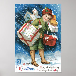 Vintage Christmas, Girl with Gifts in Winter Snow Poster