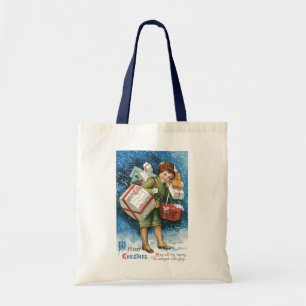 Vintage Christmas, Girl with Gifts in Winter Snow Tote Bag