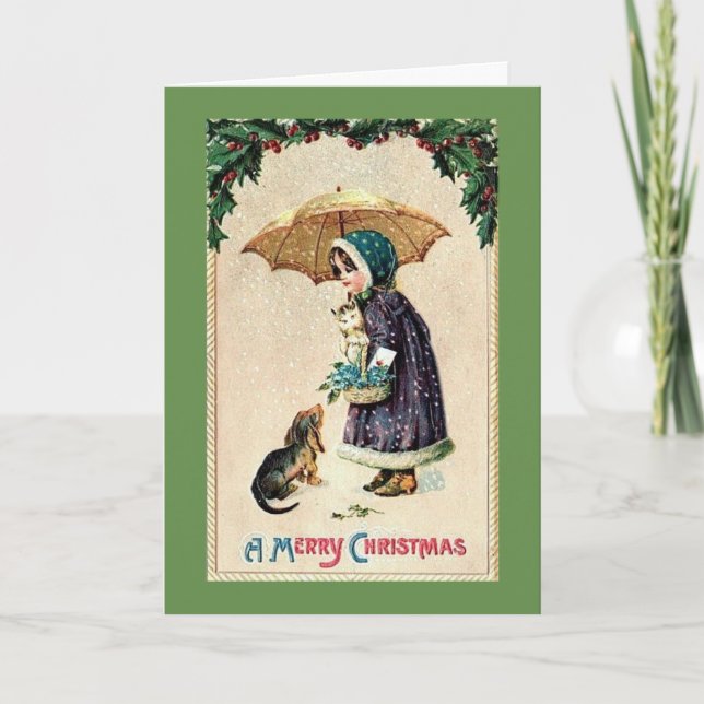 Vintage Christmas - Girl with Kitten & Puppy, Holiday Card (Front)