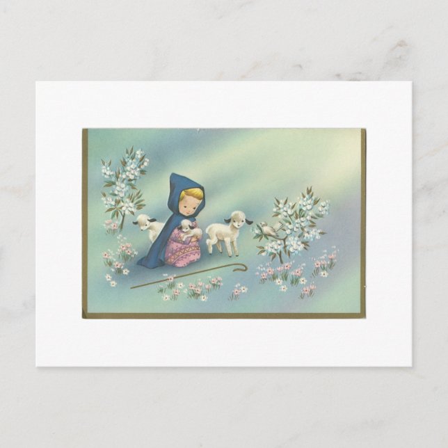 Vintage Christmas Girl With Lamb Holiday Postcard (Front)