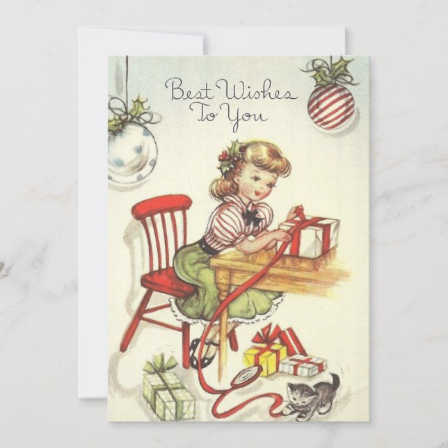 Vintage Christmas Girl Wrapping Presents Holiday Card (Front)