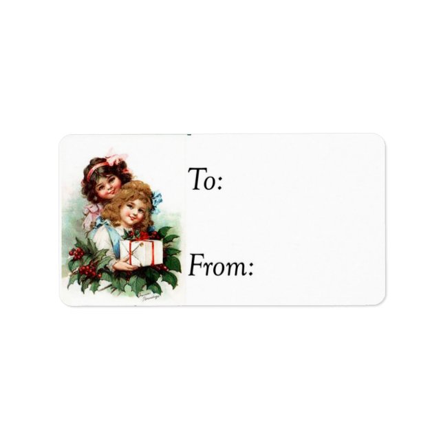 Vintage Christmas Girls With Gifts Gift Tag (Front)
