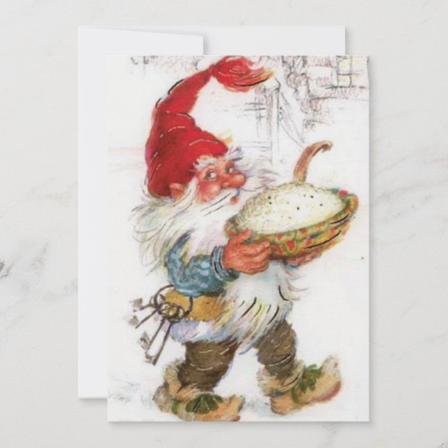 Vintage Christmas Gnome Carrying Food Bowl Holiday Card (Front)