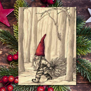Vintage Christmas Gnome Cutting Christmas Tree Holiday Card