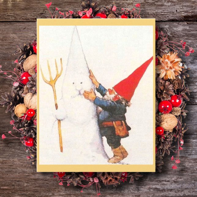 Vintage Christmas Gnome Making Snowman Holiday Card (Creator Uploaded)