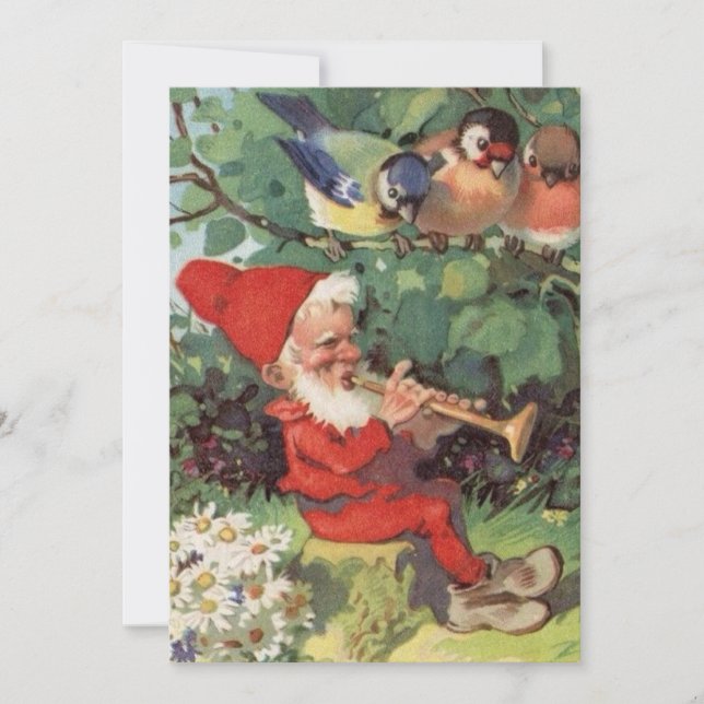 Vintage Christmas Gnome Playing Music Instrument Holiday Card (Front)