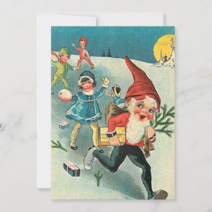 Vintage Christmas Gnome Running From Kids Holiday Card