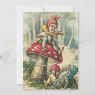 Vintage Christmas Gnomes On Mushroom Holiday Card