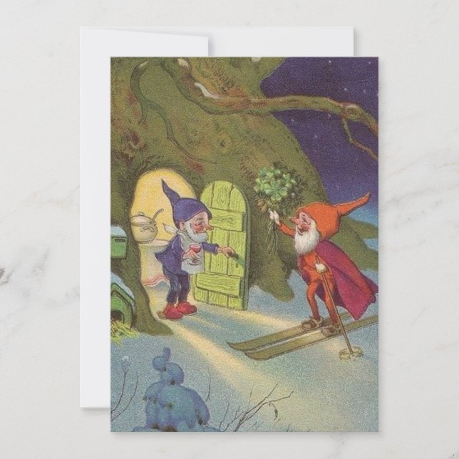 Vintage Christmas Gnomes Snow Skiing  Holiday Card (Front)