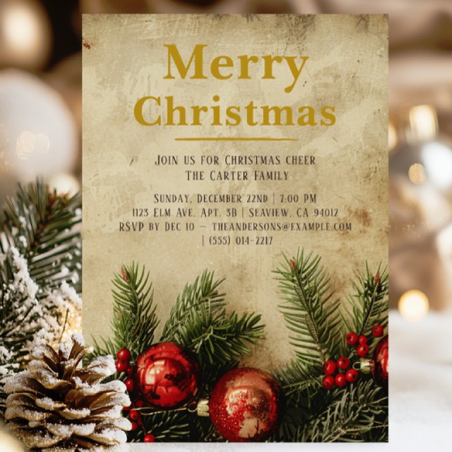 Vintage Christmas Gold Invitation Card | Elegant (Vintage Christmas invitation — burnt parchment background with red & green creeper, timeless charm.!)