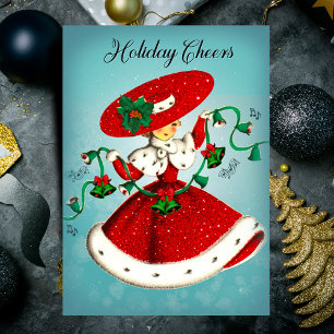 Vintage Christmas green bells red glitter girl Holiday Card