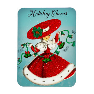 Vintage Christmas green bells red glitter girl Magnet
