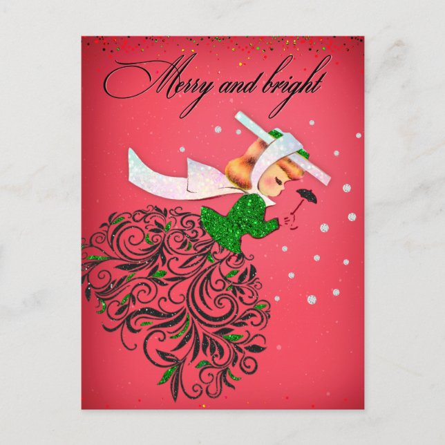 Vintage Christmas green glitter scarf girl Postcard (Front)