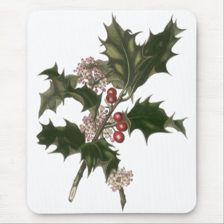 Vintage Christmas, Green Holly Plant with Berries Mouse Pad