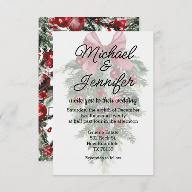 vintage christmas greenery ornaments wedding  invitation (Front/Back)