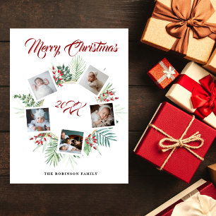 Vintage Christmas Greenery Photo Collage Holiday Postcard