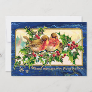 Vintage Christmas Greeting Birds Holly Faux Gold Card