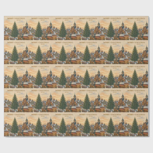 Vintage Christmas Greeting, Storybook Main Street Wrapping Paper