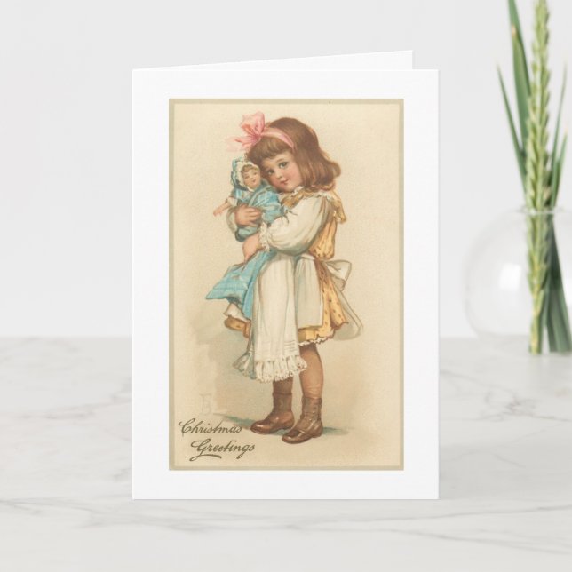 Vintage Christmas Greetings Girl with Doll Holiday Card (Front)