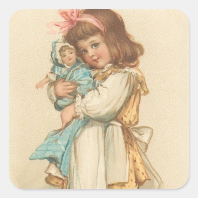 Vintage Christmas Greetings Girl with Doll Square Sticker (Front)