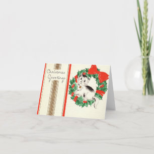 Vintage Christmas Greetings Kitten in Wreath Card