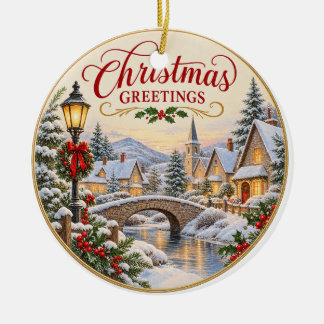 Vintage Christmas Greetings Ornament – Snowy Villa