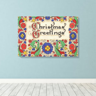 Vintage Christmas Greetings with Decorative Border Canvas Print