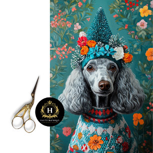 Vintage Christmas Grey Poodle Portrait Decoupage  Tissue Paper